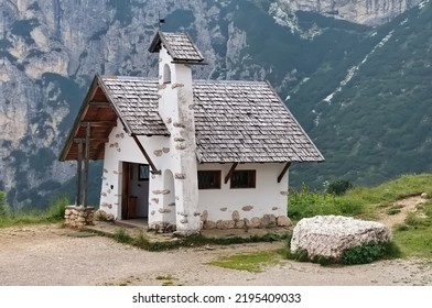 Alpine church in the Dolomites of the Falzarego pass, Italy
