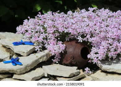 Alpine Garden Decoration With Sandstones, Vintage Brown Ceramic Pot And Couple Of Dragon Fly Near The Lush Blooming Pink Phloxes 
