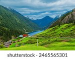 Alpine lake Kolsai in Kazakhstan. Beautiful mountain natural landscape. Nature reserve. View from above.