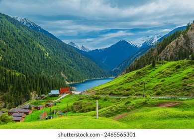 Alpine lake Kolsai in Kazakhstan. Beautiful mountain natural landscape. Nature reserve. View from above. - Powered by Shutterstock