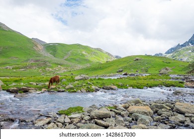 Alpine lakes in Himalayas, kashmir Great Lakes. Rocky terrain and turquoise lake/tarn with snow mountains and glacier. Most serene trek in the Himalayas.