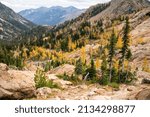 The alpine lakes wilderness with golden larches in the autumn