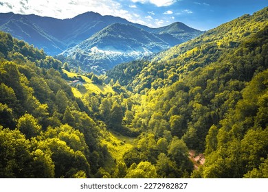 Alpine landscape of Dolomites Alps landscape view, green landscape od Lombardy, Italy