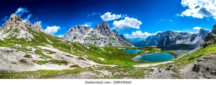 Alpine Landscape With Mountain Peaks And Clear Lakes At The Formation Tre Cime Di Lavaredo In The Dolomites Of South Tyrol In Italy - Shutterstock ID 2089190665