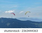 alpine landscape with parachute flyers in blue cloudy sky, high over green meadow, fir tree, lake Constance with blue water and mountain range. summer day in the alps of Bregenz forest, Vorarlberg,