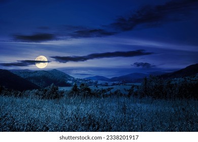 Alpine meadow with tall grass on a background of mountains at night. beautiful countryside scenery in full moon light - Powered by Shutterstock