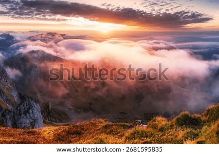 Alpine mountain panorama landscape at dramatic sunrise at Eisenerzer Reichenstein and hut in Styria, Austria Alps