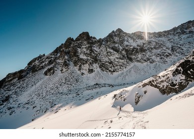 Alpine mountains landscape with white snow and blue sky. Frosty trees under warm sunlight. Wonderful winter landscape. Adventure winter sport. High tatras, slovakia landscape