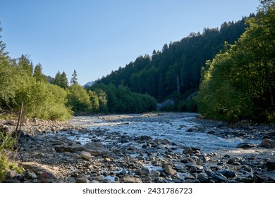 Alpine Oasis: A Mountain River's Journey through Rocky Shores and Forests. Alpine River, Rocky Shores, and Towering Forests. Nature, Mountain River, Spruce Forests, and Alpine Wilderness. Eco - Powered by Shutterstock