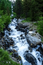 Alpine Panorama With Waterfall During The Summer In The South Tyrol