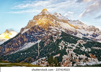 Alpine Peak In Swiss Highland Near Interlaken In Winter