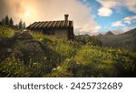 Alpine picturesque village high in the Alps mountains. Golden Sunset on the hillside. A golden sunset with colorful sky, trees, and clouds.