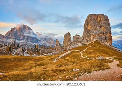 Alpine red autumn morning, Passo Falzarego, Cinque Torri, Tofana, Cortina d'Ampezzo, Belluno, Trento, Trento-Alto Adige, Dolomites Italy