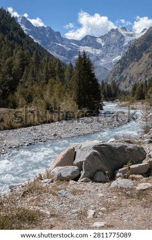Alpine river flowing through a forested valley with glaciated peaks under a blue sky