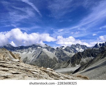alpine rocky snowy mountains, panorama, glacier