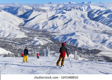 Alpine Skiing On Mount Baldy Above The Town Of Sun Valley, Idaho