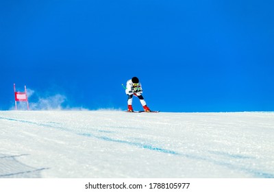alpine skiing race in on track of giant slalom