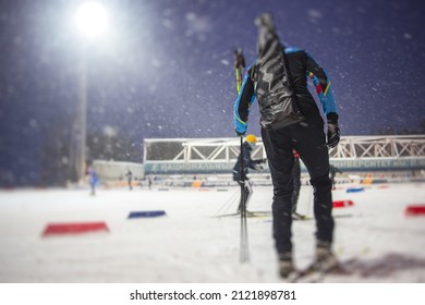 Alpine Skiing Race Slalom Competition, Athletes Ready To Start Ski Competitions On A Piste Slope, Nordic Ski Skier On The Track In Winter, Giant Slalom, Winter Sport And Acitivities Concept 