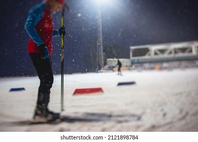 Alpine Skiing Race Slalom Competition, Athletes Ready To Start Ski Competitions On A Piste Slope, Nordic Ski Skier On The Track In Winter, Giant Slalom, Winter Sport And Acitivities Concept 