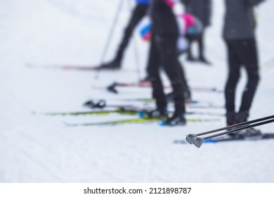 Alpine Skiing Race Slalom Competition, Athletes Ready To Start Ski Competitions On A Piste Slope, Nordic Ski Skier On The Track In Winter, Giant Slalom, Winter Sport And Acitivities Concept 