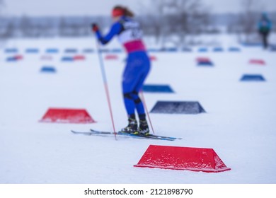 Alpine Skiing Race Slalom Competition, Athletes Ready To Start Ski Competitions On A Piste Slope, Nordic Ski Skier On The Track In Winter, Giant Slalom, Winter Sport And Acitivities Concept 