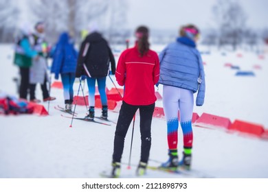 Alpine Skiing Race Slalom Competition, Athletes Ready To Start Ski Competitions On A Piste Slope, Nordic Ski Skier On The Track In Winter, Giant Slalom, Winter Sport And Acitivities Concept 