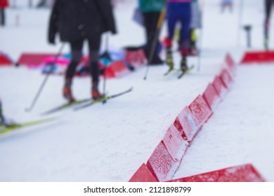 Alpine Skiing Race Slalom Competition, Athletes Ready To Start Ski Competitions On A Piste Slope, Nordic Ski Skier On The Track In Winter, Giant Slalom, Winter Sport And Acitivities Concept 