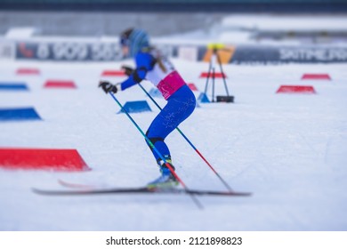 Alpine Skiing Race Slalom Competition, Athletes Ready To Start Ski Competitions On A Piste Slope, Nordic Ski Skier On The Track In Winter, Giant Slalom, Winter Sport And Acitivities Concept 