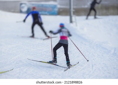 Alpine Skiing Race Slalom Competition, Athletes Ready To Start Ski Competitions On A Piste Slope, Nordic Ski Skier On The Track In Winter, Giant Slalom, Winter Sport And Acitivities Concept 