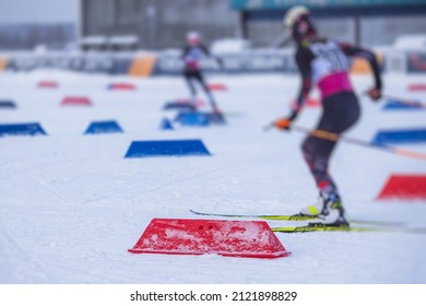 Alpine Skiing Race Slalom Competition, Athletes Ready To Start Ski Competitions On A Piste Slope, Nordic Ski Skier On The Track In Winter, Giant Slalom, Winter Sport And Acitivities Concept 