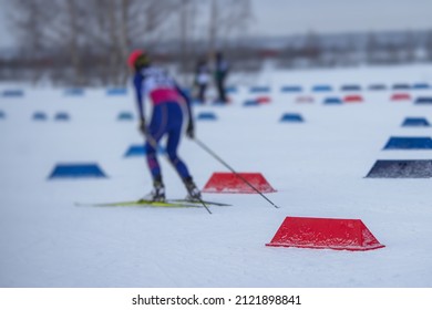 Alpine Skiing Race Slalom Competition, Athletes Ready To Start Ski Competitions On A Piste Slope, Nordic Ski Skier On The Track In Winter, Giant Slalom, Winter Sport And Acitivities Concept 