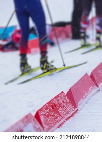 Alpine Skiing Race Slalom Competition, Athletes Ready To Start Ski Competitions On A Piste Slope, Nordic Ski Skier On The Track In Winter, Giant Slalom, Winter Sport And Acitivities Concept 