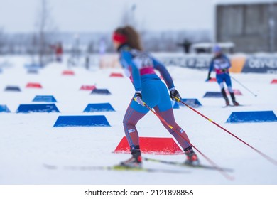 Alpine Skiing Race Slalom Competition, Athletes Ready To Start Ski Competitions On A Piste Slope, Nordic Ski Skier On The Track In Winter, Giant Slalom, Winter Sport And Acitivities Concept 