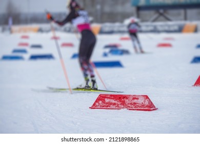 Alpine Skiing Race Slalom Competition, Athletes Ready To Start Ski Competitions On A Piste Slope, Nordic Ski Skier On The Track In Winter, Giant Slalom, Winter Sport And Acitivities Concept 