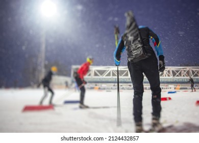 Alpine Skiing Race Slalom Competition, Athletes Ready To Start Ski Competitions On A Piste Slope, Nordic Ski Skier On The Track In Winter, Giant Slalom, Winter Sport And Acitivities Concept 