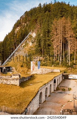 Alpine summer view at the famous Highline 179 suspension bridge and the Ehrenberg castle ruins near Reutte, Tyrol, Austria
