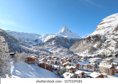 The alpine village of Zermatt in front of the Matterhorn. Winter 