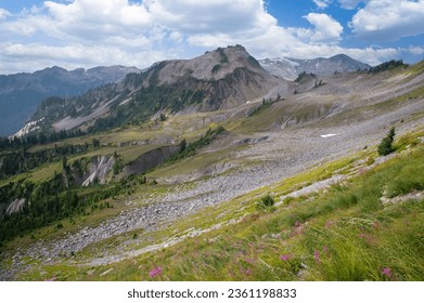 Alpine Wilderness in the Mt. Baker National Forest. Beautiful mountain and forest and valley views along the Ptarmigan Ridge Trail high in the North Cascade mountains of Washington state.