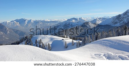 alpine winter landscape, snow covered skiing area upper bavaria