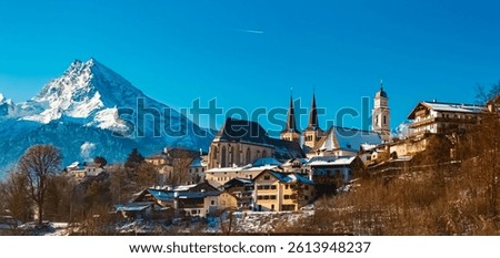 Alpine winter view with Mount Watzmann in the background at Berchtesgaden, Bavaria, Germany
