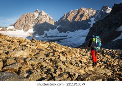 Alpinist Mountaineer Back View Looking High Mountains Peaks Ridge Range, Italian Alps Piz Bernina Mountaineering Tourism, Travel Explore Europe Nature.