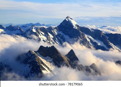 Alps Alpine Landscape of Mountain Cook Range Peak with mist from Helicopter, New Zealand - Powered by Shutterstock