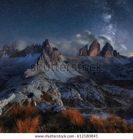 Alps Mountain landscape with night sky and Mliky way, Tre Cime di Lavaredo, Dolomites