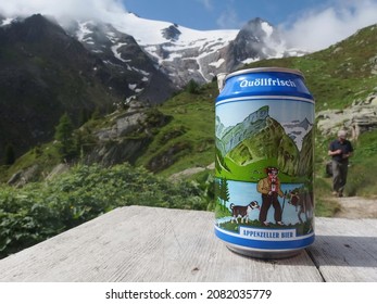 Alps, Switzerland - circa July 2016: Close up of can of Appenzeller Quollfrisch Beer on table at shelter on route from the Col de la Forclaz pass to the Col de Balme. 