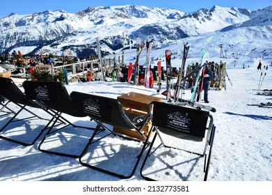 Courchevel,Rhône Alps,France February 22th 2022. Ski Cafes In Ski Resort Courchevel