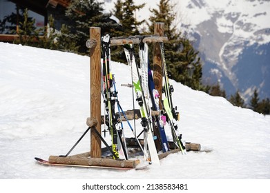 Courchevel,Rhône Alps,France. March 20th 2022. Ski Hang In Ski Resort With Skis By Winter 