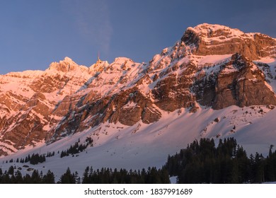 Alpstein massif with mountain Saentis in evening light, winter landscape, Canton Appenzell-Ausserrhoden, Switzerland