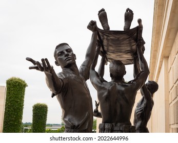 Alrewas, Staffordshire, UK – 7 25 2021:  Sculptures in the central memorial at the National Memorial Arboretum, Alrewas, Staffordshire, UK, paying tribute to the sacrifice of wartime service people.