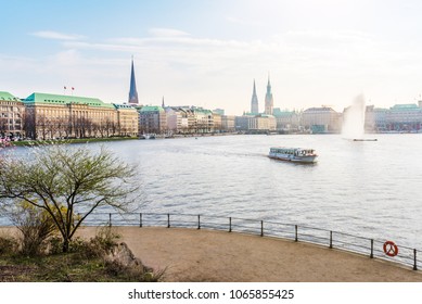 Alster Lake In Hamburg, Germany With Jungfernstieg And Townhall In Background On Sunny Spring Day