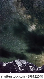Altai mountain range in front of summer night sky with stars and milky way, abstract background